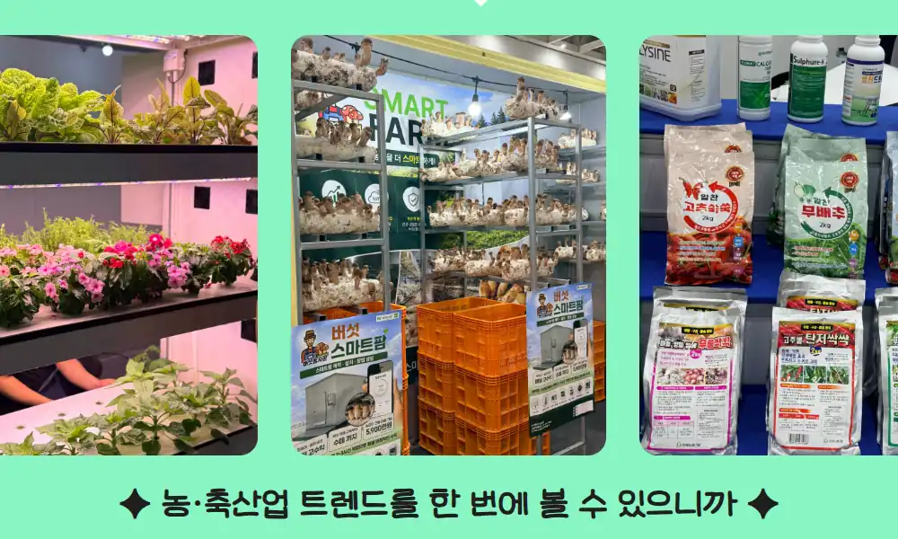 식물재배기와 버섯 스마트팜, 비료가 진열된 케이팜 부스