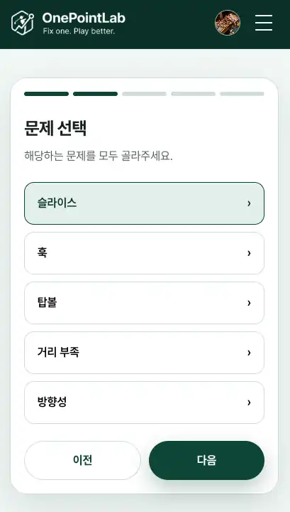 슬라이스·훅·탑볼·거리 부족·방향성 중 문제를 고르는 신청 화면