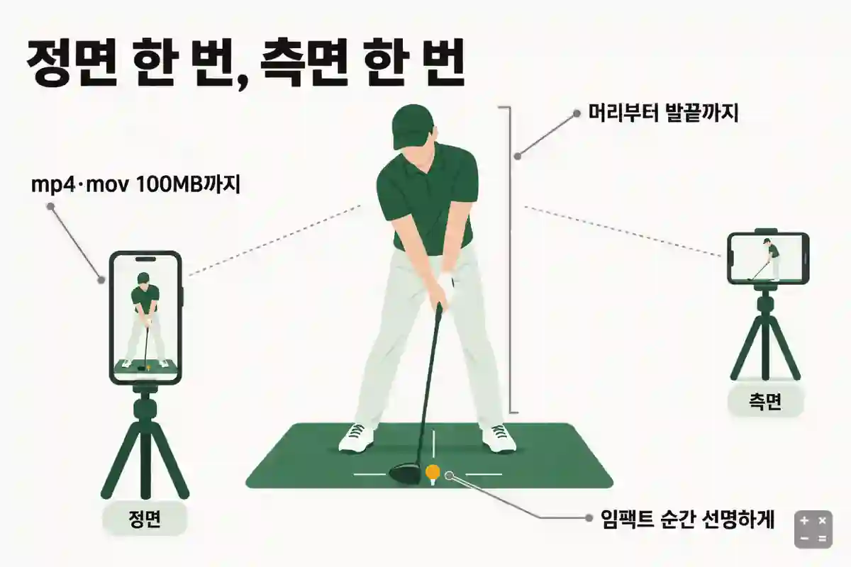 정면과 측면에 폰을 세워 전신과 임팩트가 보이게 스윙을 찍는 방법