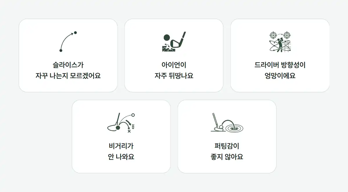 슬라이스·아이언 뒤땅·드라이버 방향성·비거리·퍼팅감 고민 카드