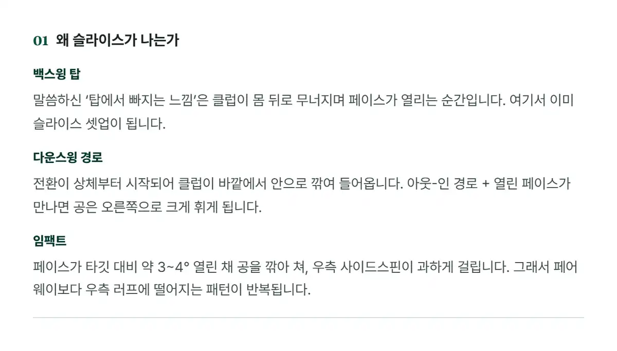 백스윙 탑·다운스윙 경로·임팩트로 슬라이스 이유를 짚은 리포트