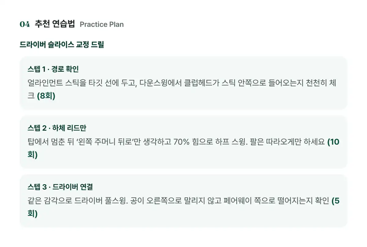 횟수까지 정해 준 드라이버 슬라이스 교정 드릴 3단계