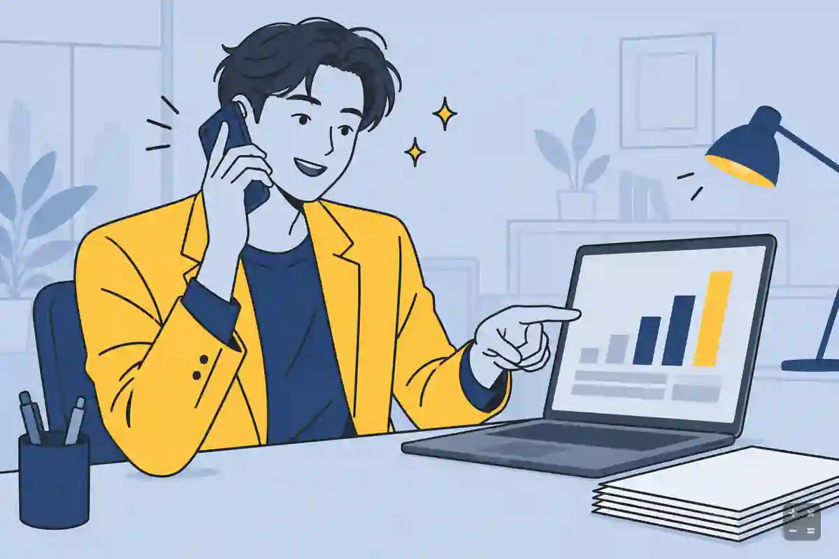 노트북으로 거래처 보고서를 확인하며 상담 전화를 받는 세무사