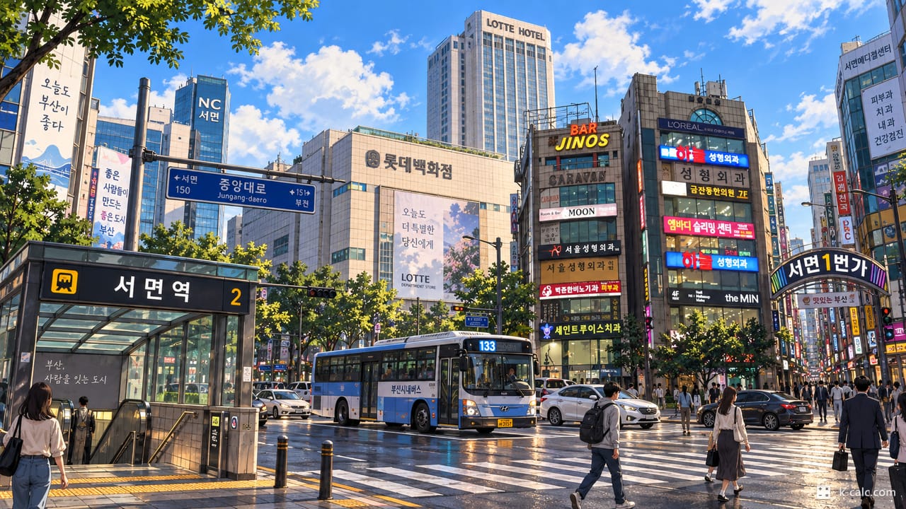 부산광역시 부산진구 부전동, 서면 번화가 풍경 일러스트