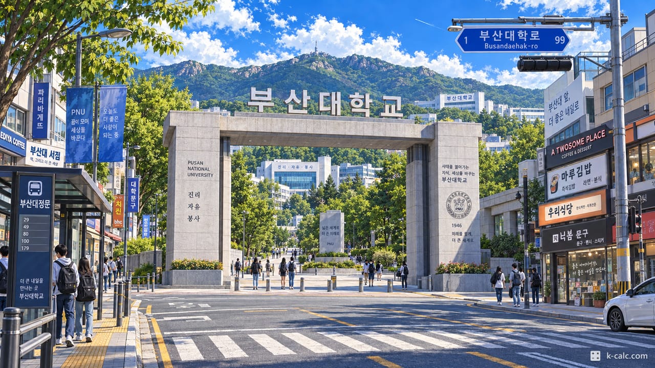 부산광역시 금정구 장전동, 부산대학교 정문 거리 풍경 일러스트