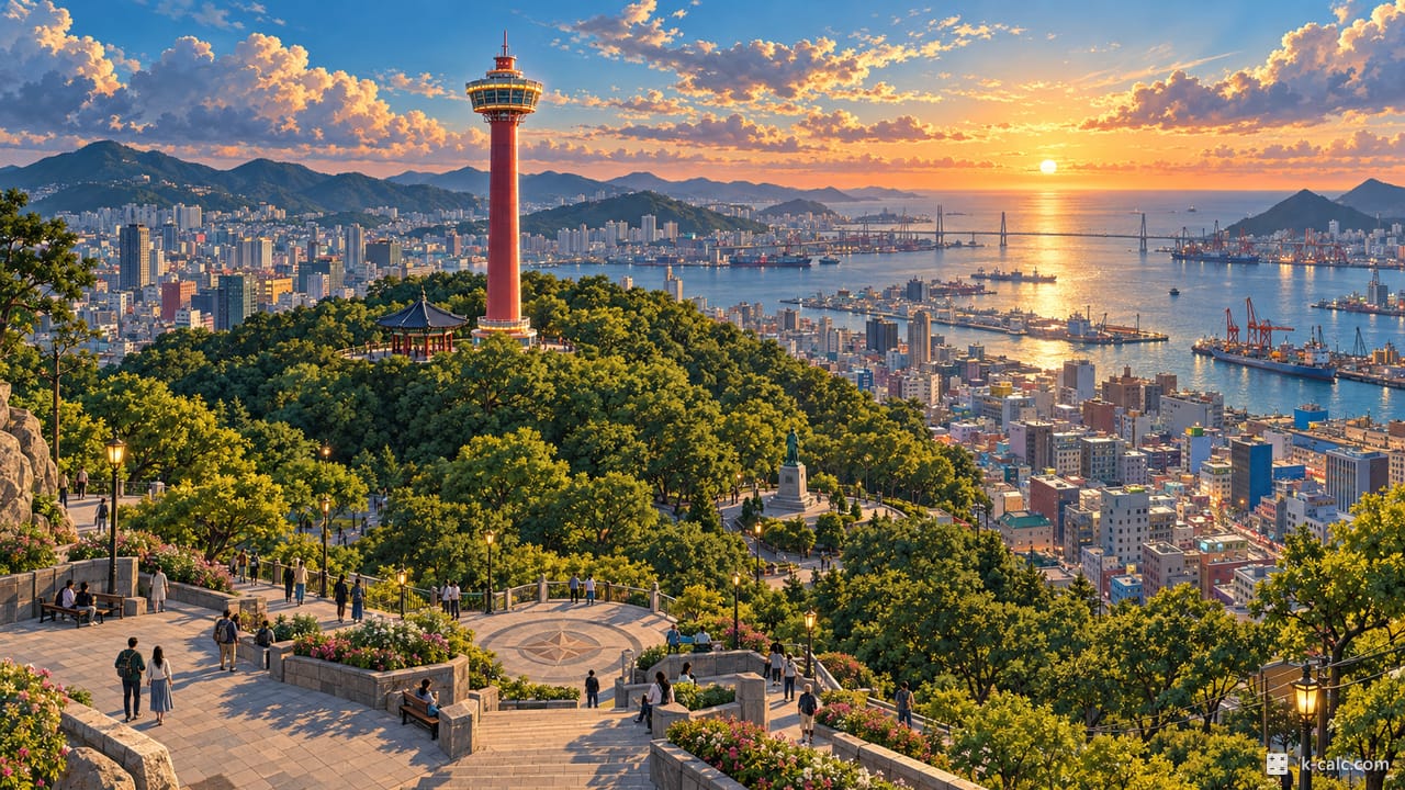부산광역시 중구 광복동2가, 용두산공원과 부산타워 풍경 일러스트