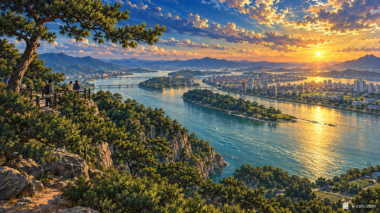 충청북도 충주시 칠금동, 탄금대 절벽과 남한강 풍경 일러스트