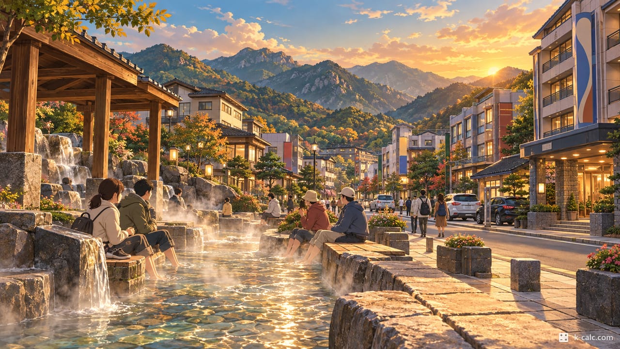 충청북도 충주시 수안보면, 수안보온천 마을거리 풍경 일러스트