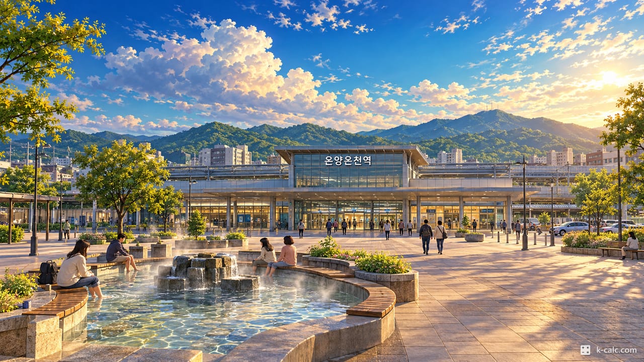 충청남도 아산시 온천동, 온양온천역 앞 온천 거리 풍경 일러스트