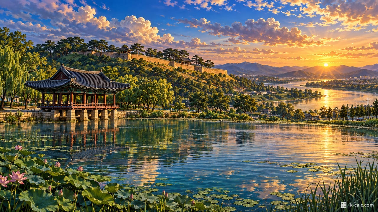충청남도 부여군 부여읍, 부소산성과 궁남지 풍경 일러스트