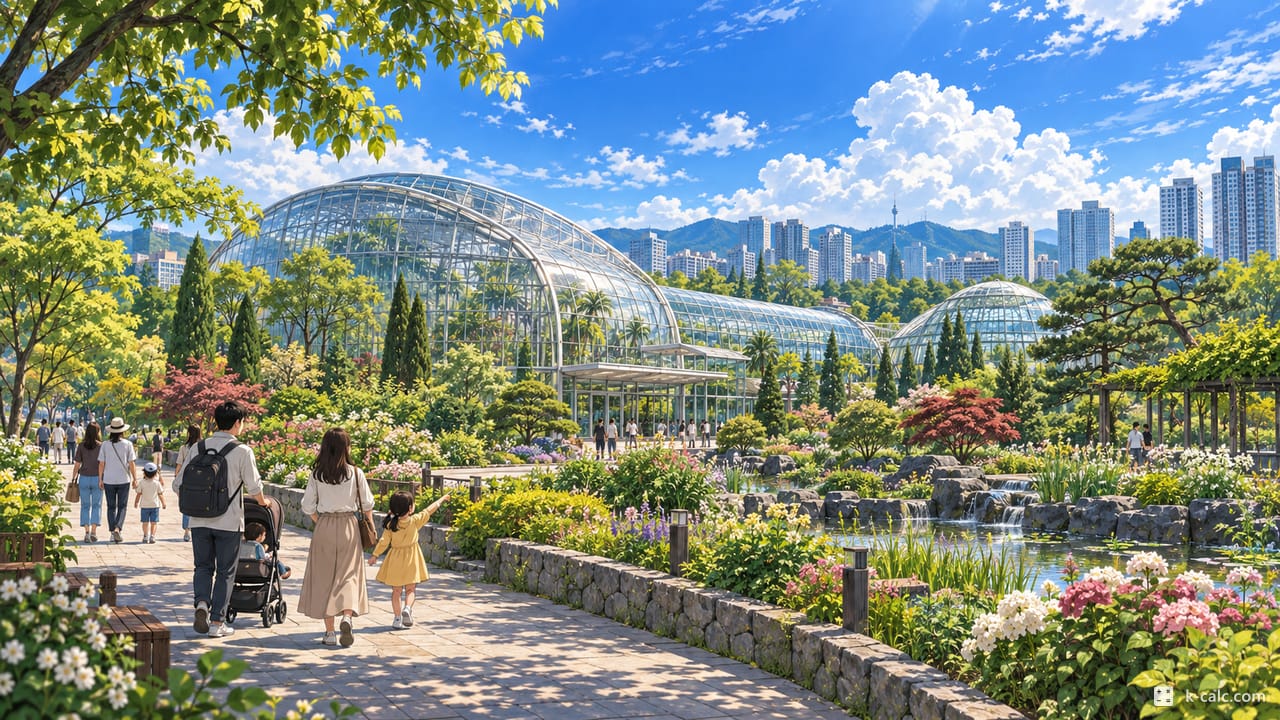 대전광역시 서구 만년동, 한밭수목원 온실과 산책로 풍경 일러스트