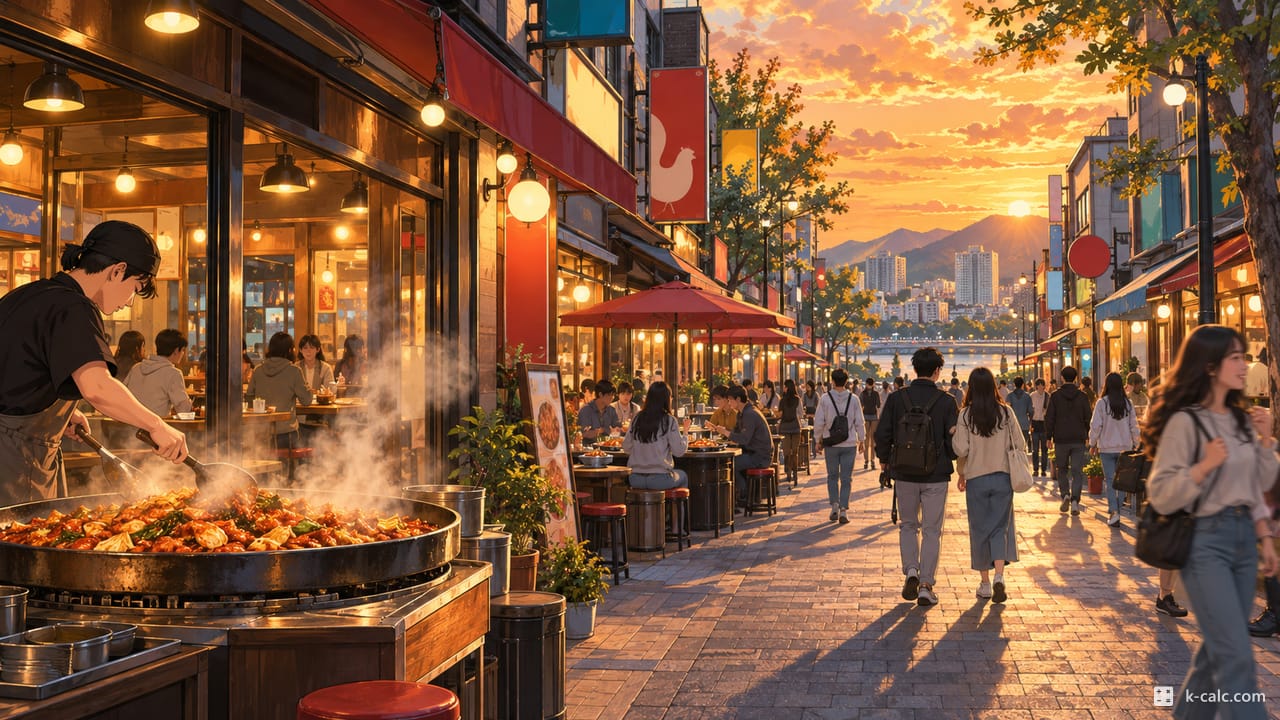 강원특별자치도 춘천시 조양동, 춘천 명동 닭갈비골목 풍경 일러스트