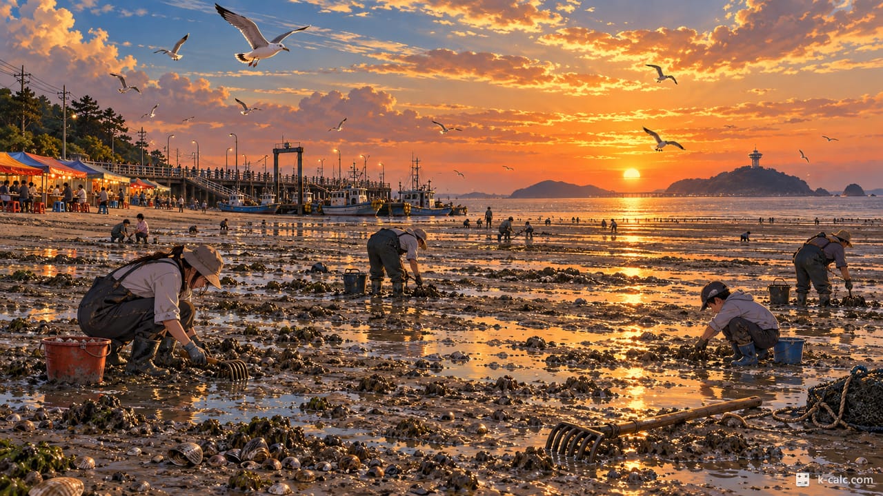 경기도 안산시 단원구 대부동동, 대부도 방아머리해변 풍경 일러스트