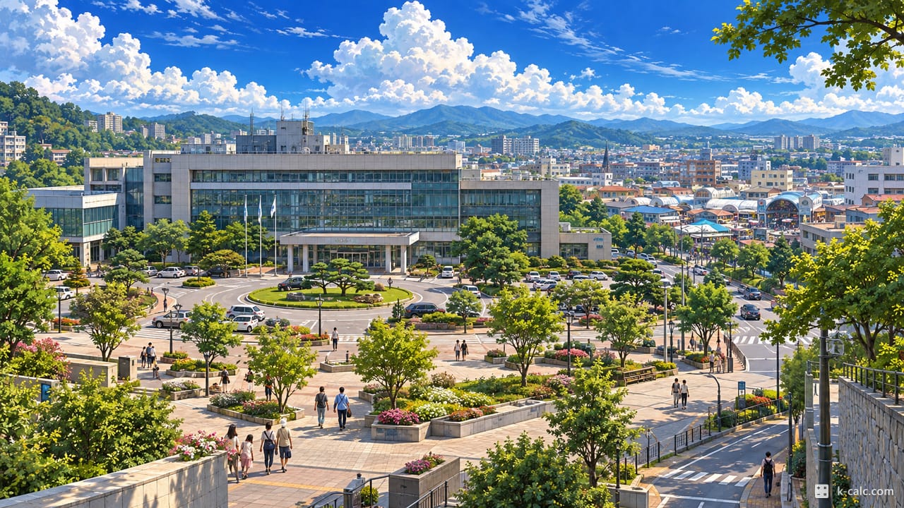 경기도 안성시 봉산동, 안성시청과 중앙시장 원경 풍경 일러스트