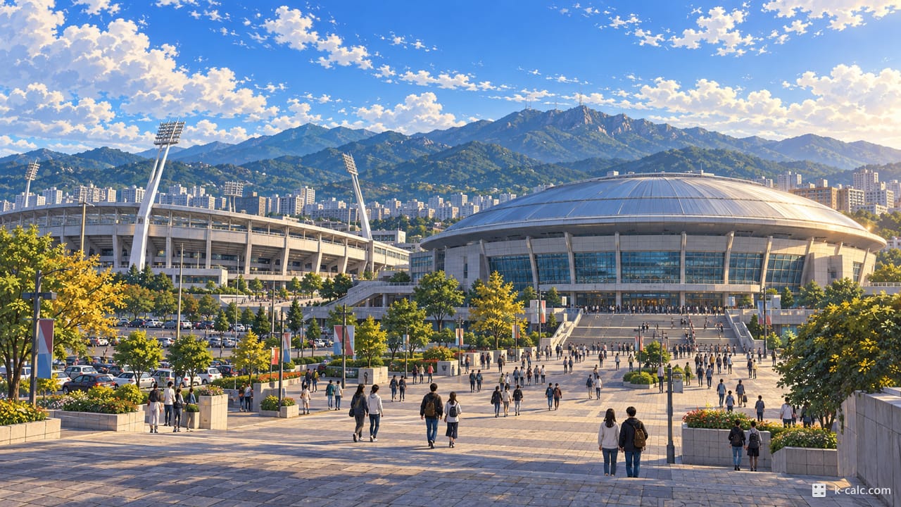 경기도 안양시 동안구 비산동, 안양종합운동장과 정관장 아레나 풍경 일러스트