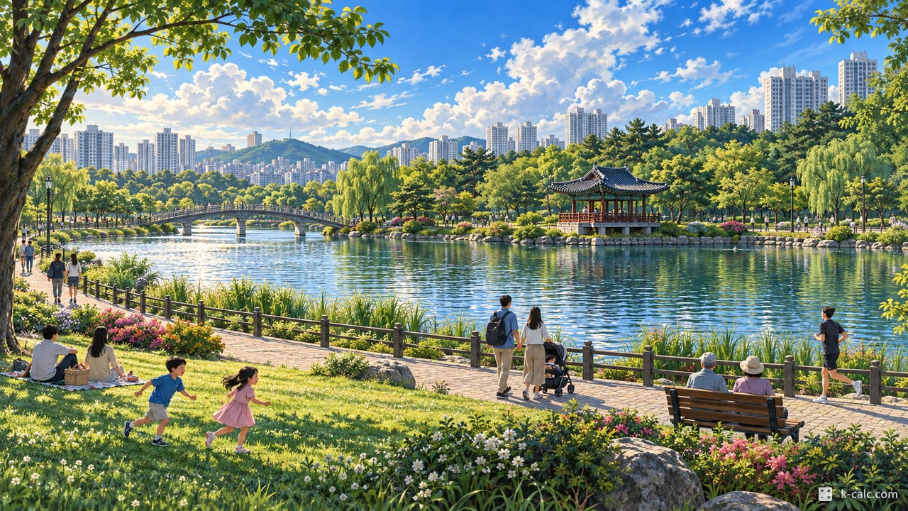 경기도 부천시 오정구 오정동, 오정대공원 호숫가 풍경 일러스트