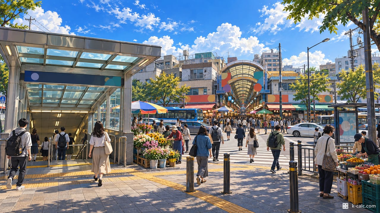 경기도 부천시 오정구 원종동, 원종역 앞과 원종종합시장 풍경 일러스트