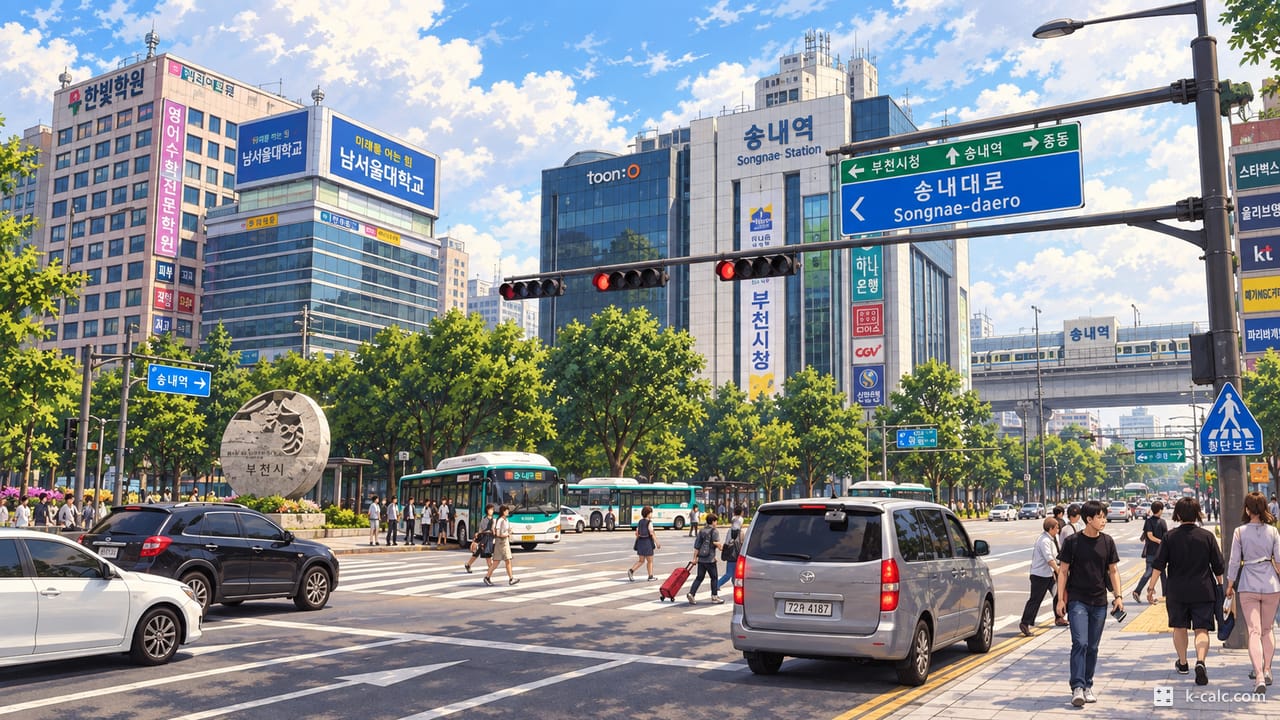 경기도 부천시 소사구 송내동, 송내역 앞 버스환승장 풍경 일러스트