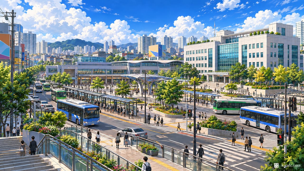경기도 부천시 소사구 소사본동, 소사역 환승 광장과 소사구청 풍경 일러스트