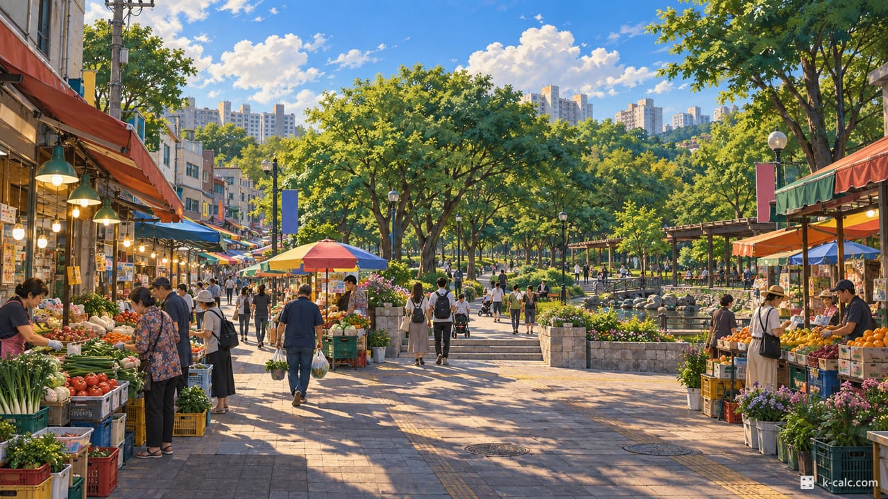 경기도 부천시 원미구 원미동, 원미종합시장과 원미공원 풍경 일러스트