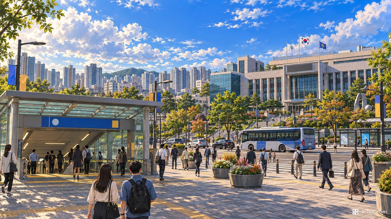 경기도 김포시 사우동, 사우역과 김포시청 풍경 일러스트