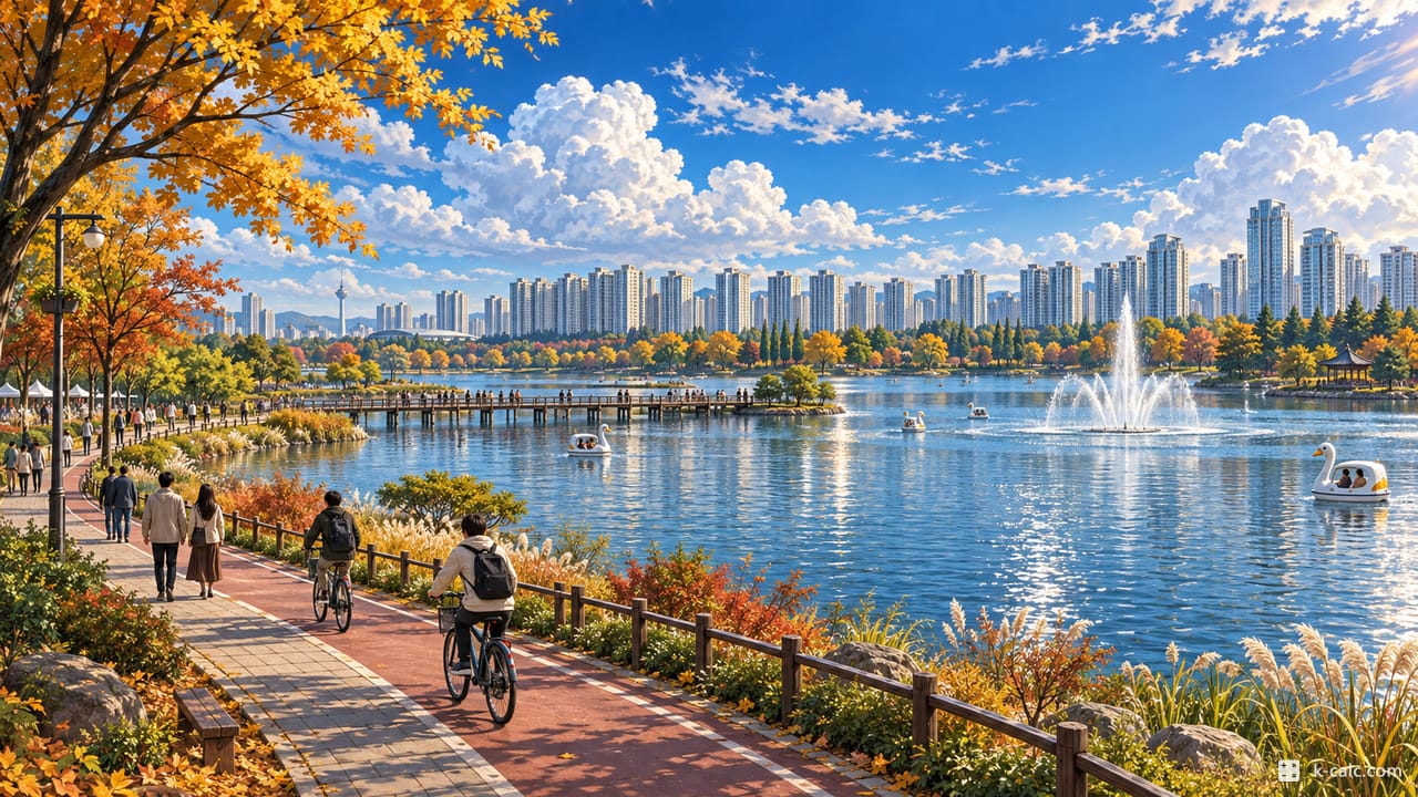 경기도 고양시 일산동구 장항동, 일산호수공원 호숫가 풍경 일러스트