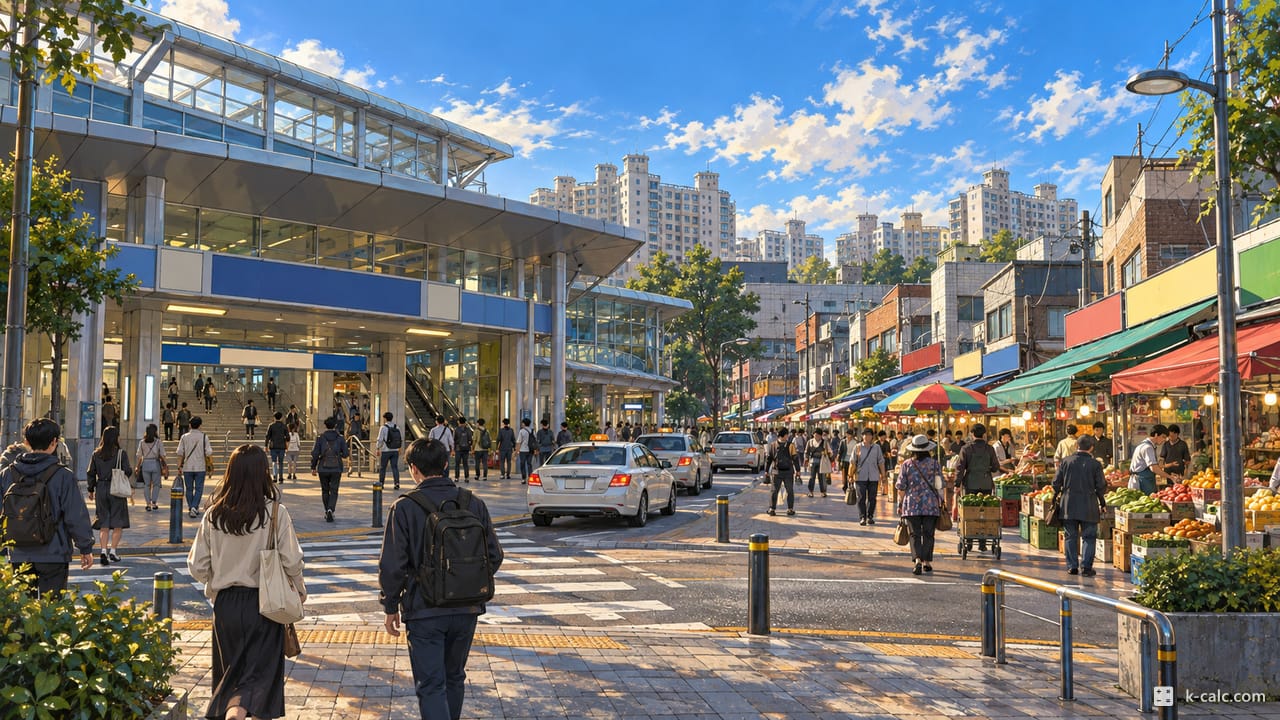 경기도 고양시 일산서구 일산동, 일산역과 일산시장 풍경 일러스트