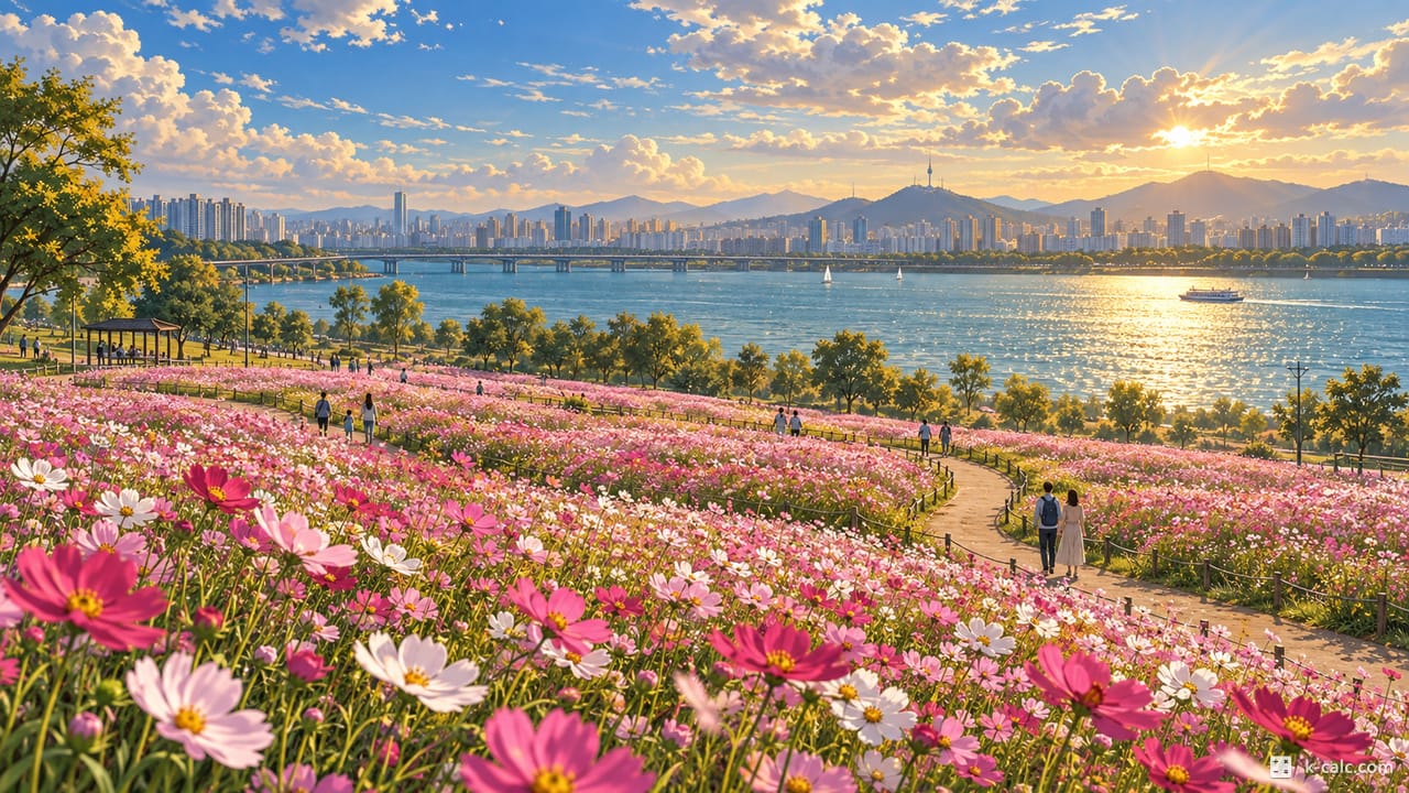 경기도 구리시 토평동, 구리한강시민공원 코스모스 꽃밭 풍경 일러스트