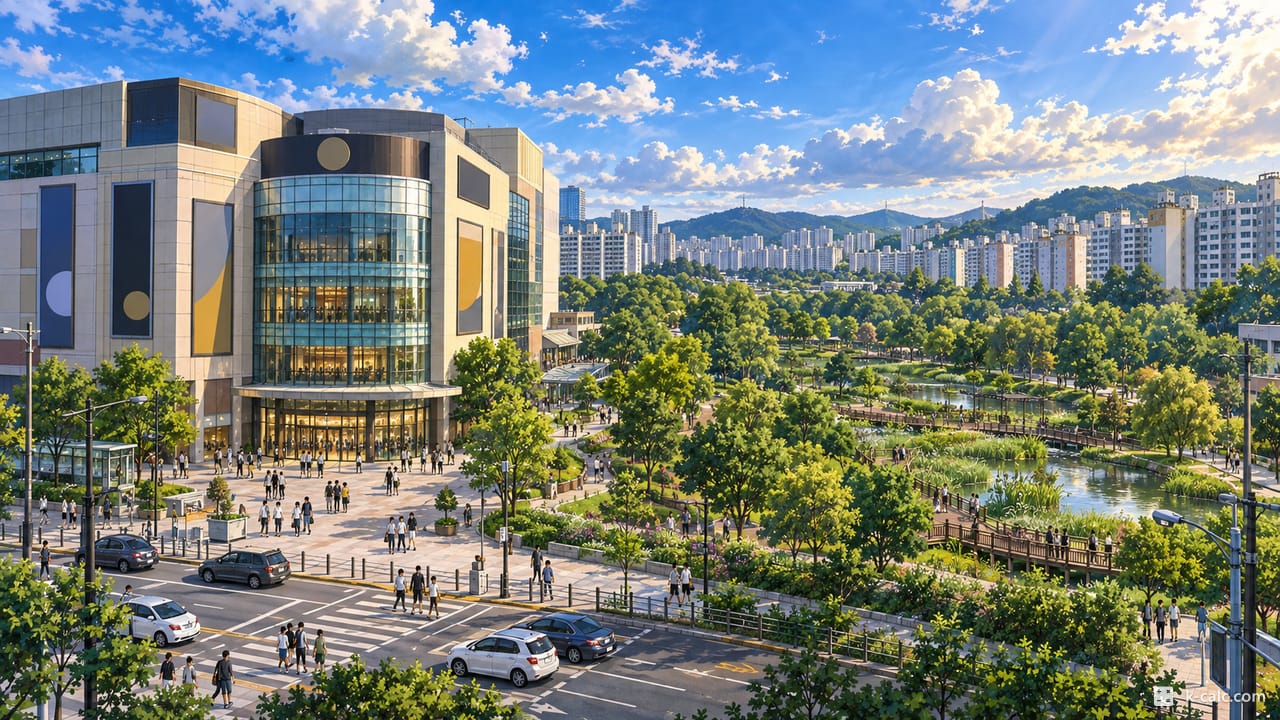 경기도 광명시 하안동, 뉴코아아울렛과 안터생태공원 풍경 일러스트