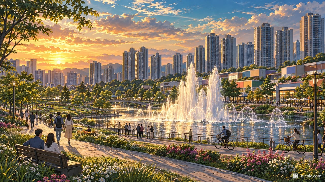 경기도 남양주시 다산동, 다산신도시 중앙공원 풍경 일러스트
