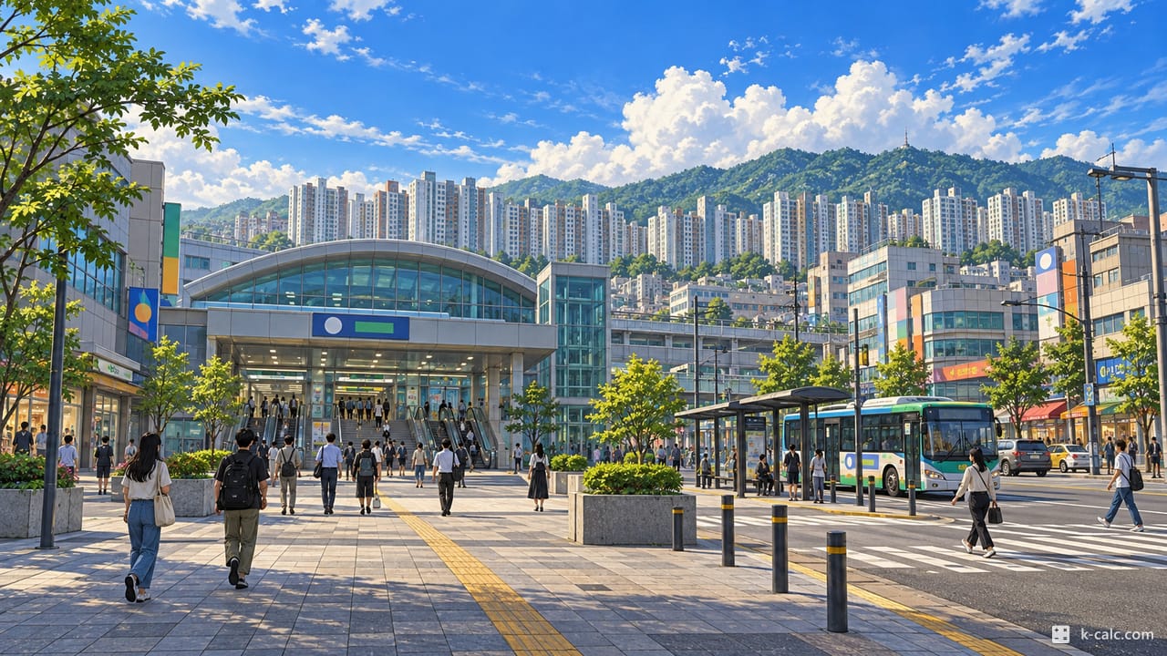 경기도 남양주시 평내동, 평내호평역과 호평동 아파트 풍경 일러스트