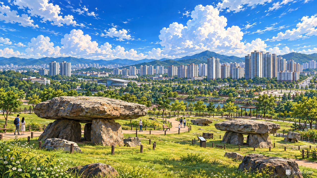 경기도 오산시 금암동, 오산 고인돌공원과 세교신도시 풍경 일러스트