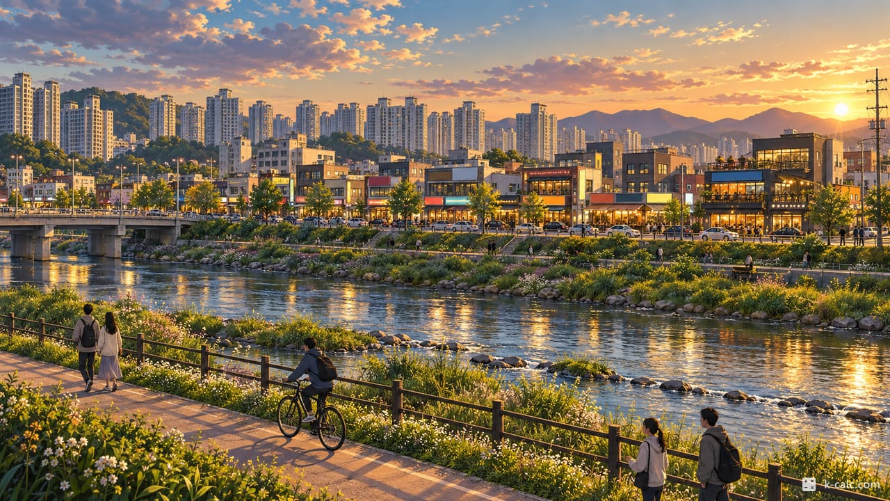 경기도 오산시 원동, 운암뜰 한식거리와 오산천 풍경 일러스트