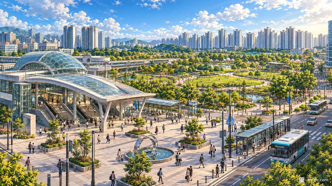경기도 파주시 동패동, 운정중앙역과 교하중앙공원 풍경 일러스트