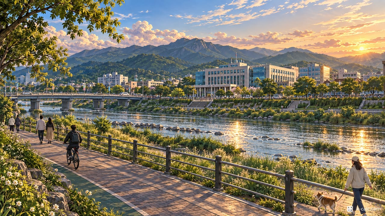 경기도 포천시 신읍동, 포천시청과 포천천 산책로 풍경 일러스트