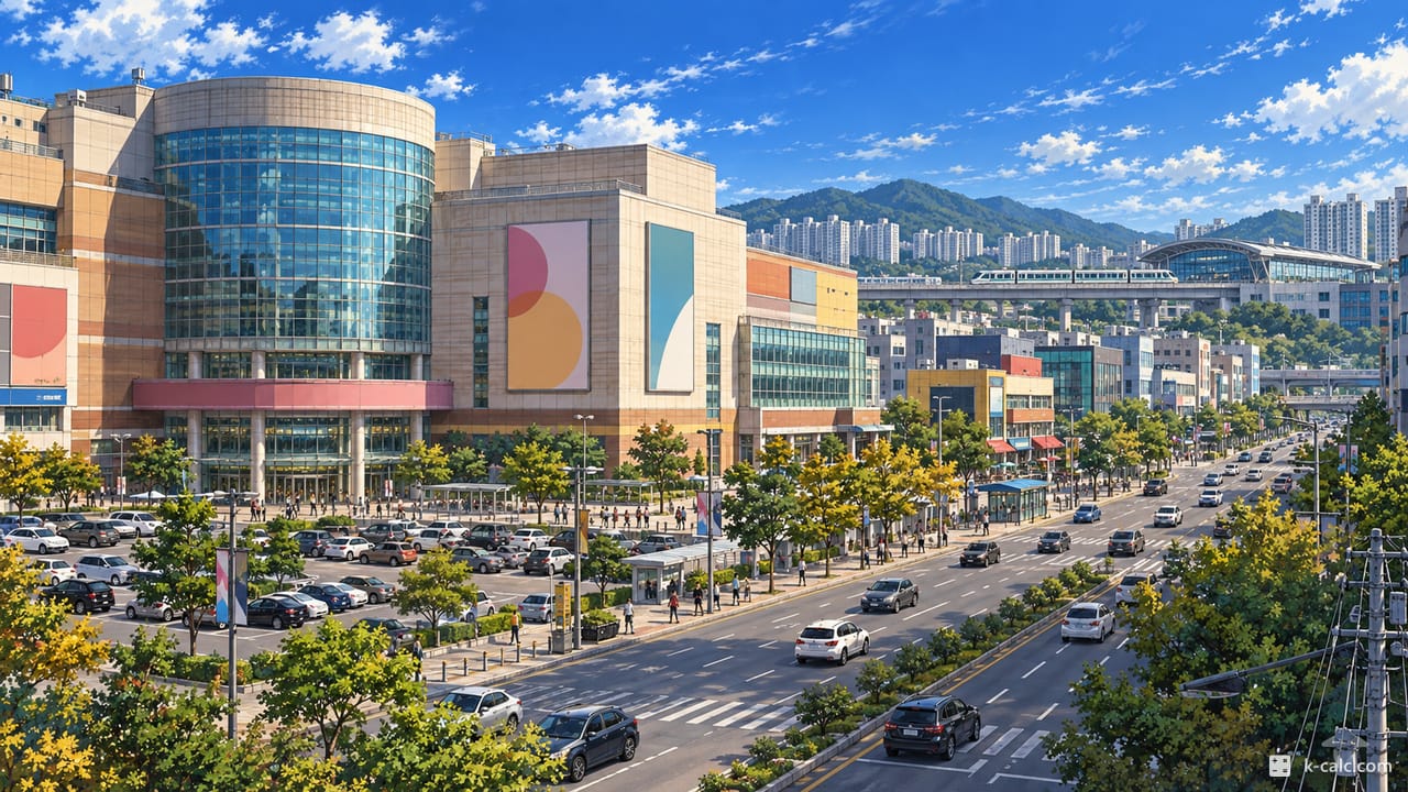 경기도 성남시 분당구 구미동, 2001아울렛과 미금역 원경 풍경 일러스트