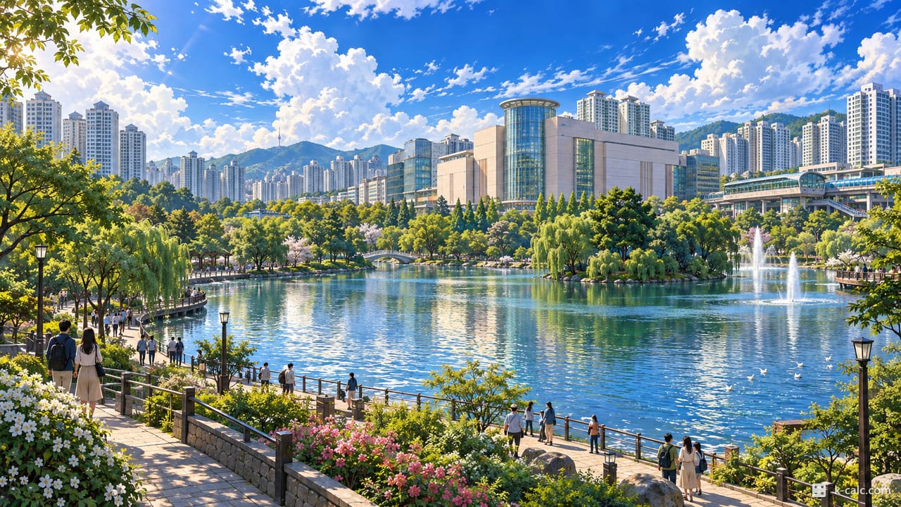 경기도 성남시 분당구 수내동, 수내역 롯데백화점과 중앙공원 풍경 일러스트