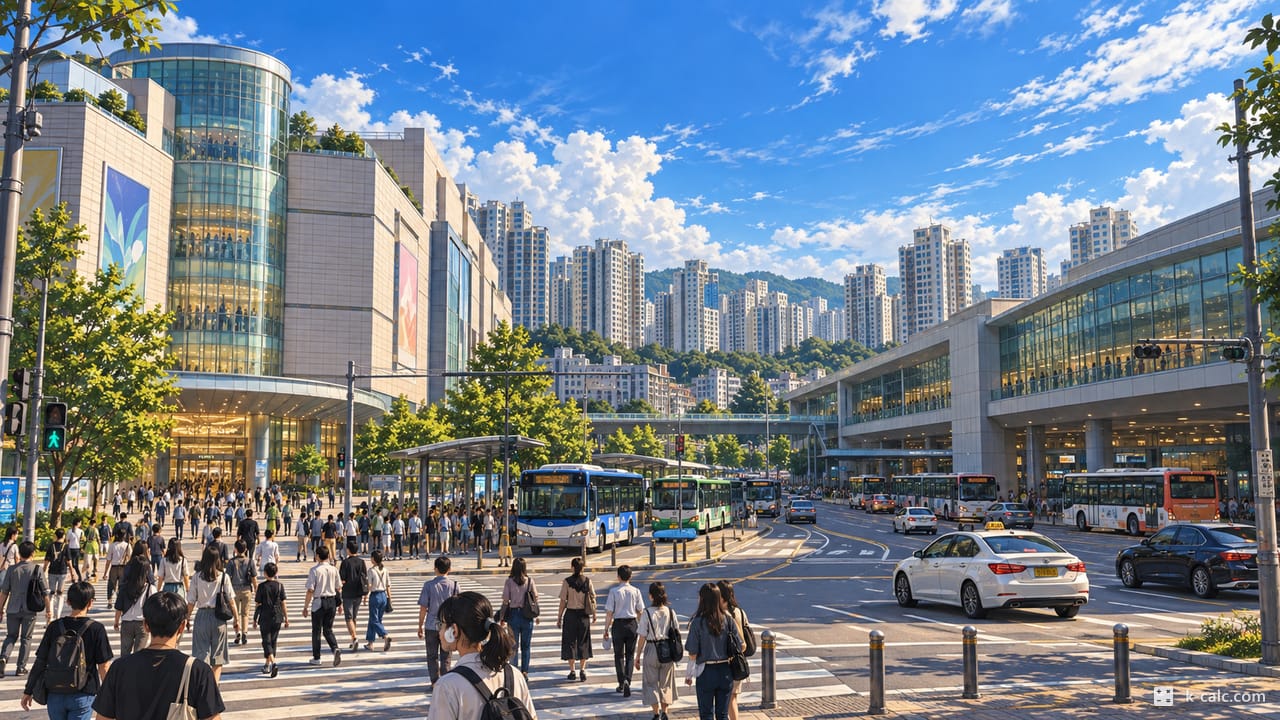 경기도 성남시 분당구 야탑동, 야탑역 NC백화점과 버스터미널 풍경 일러스트