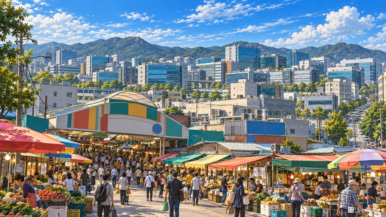 경기도 성남시 중원구 상대원동, 성남하이테크밸리와 상대원시장 풍경 일러스트