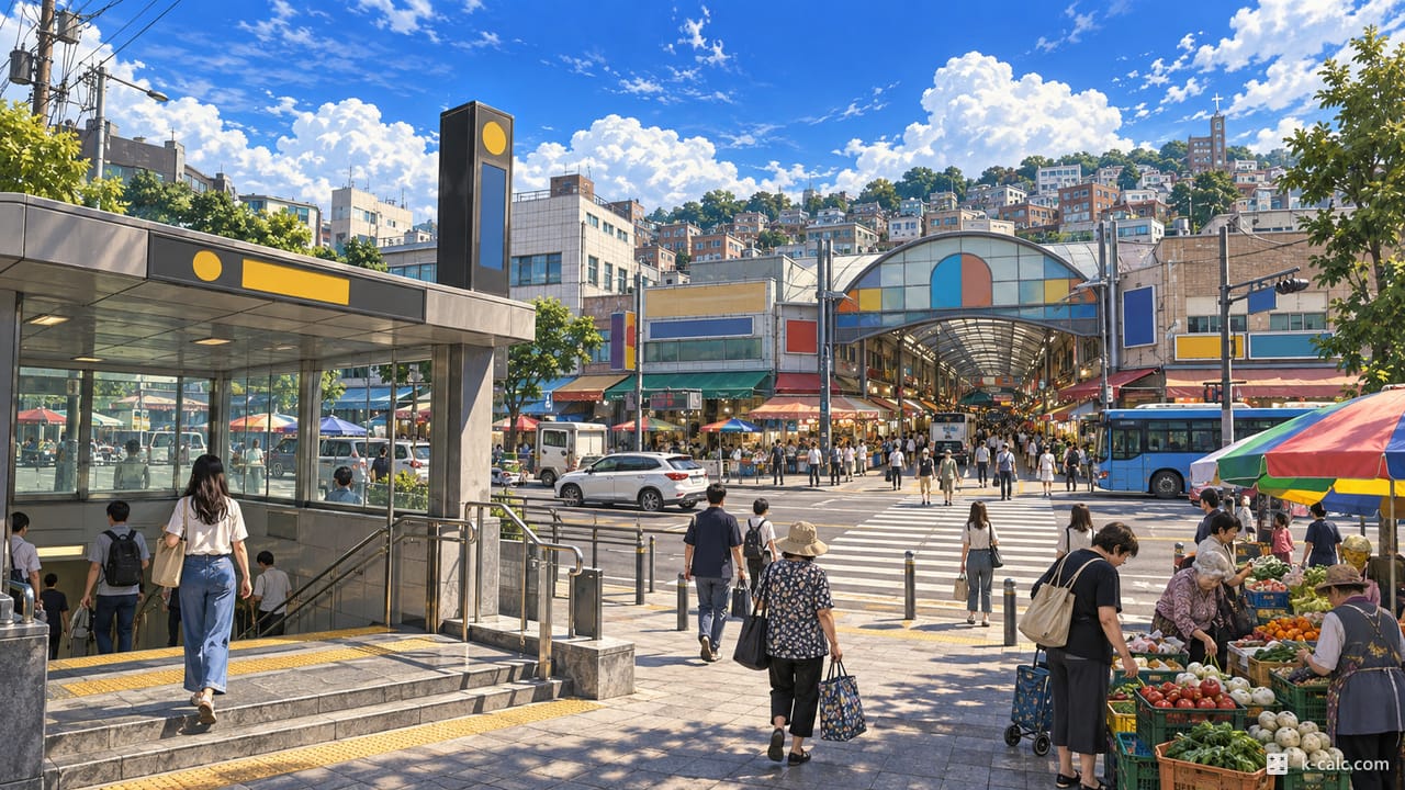 경기도 성남시 수정구 신흥동, 신흥역 앞과 성남종합시장 풍경 일러스트