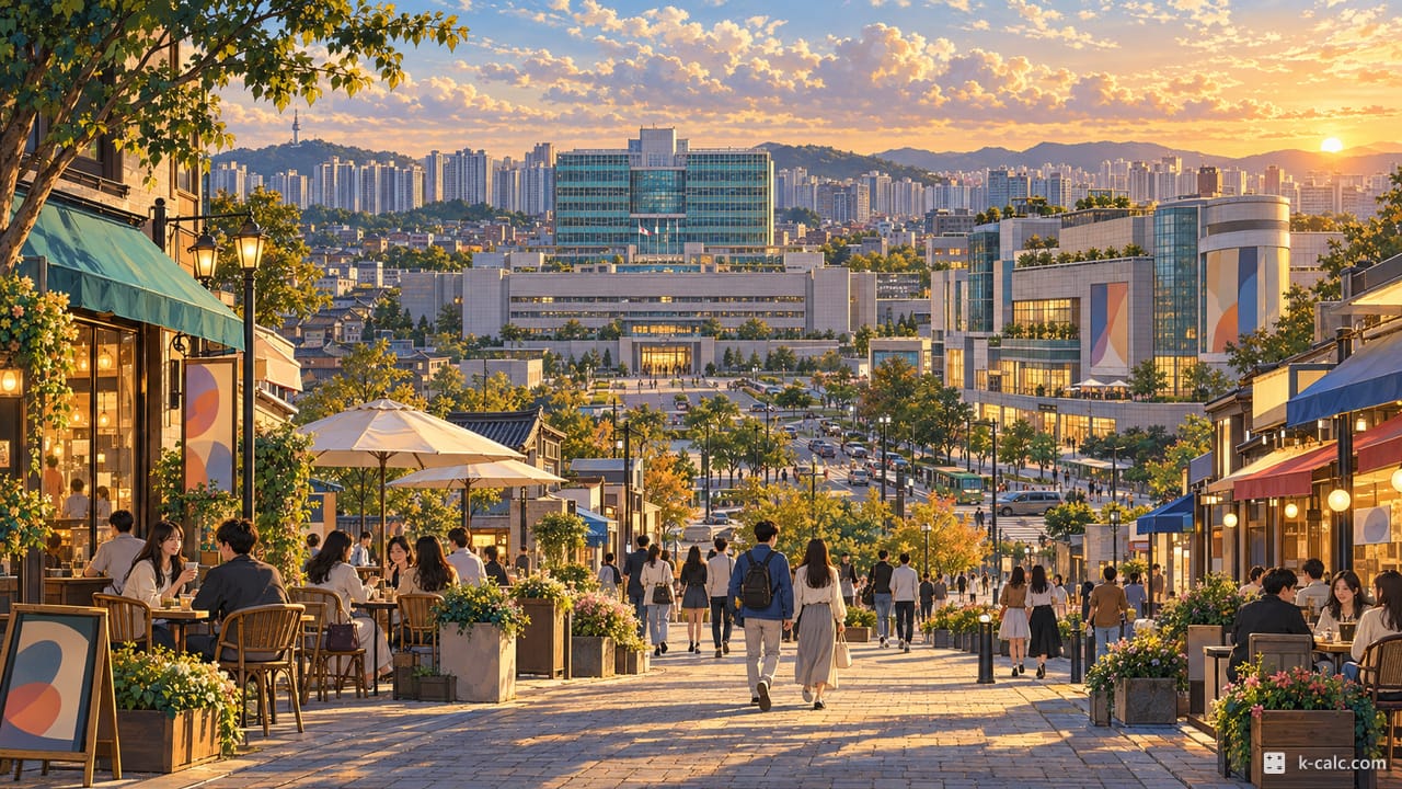 경기도 수원시 팔달구 인계동, 나혜석거리와 수원시청 풍경 일러스트