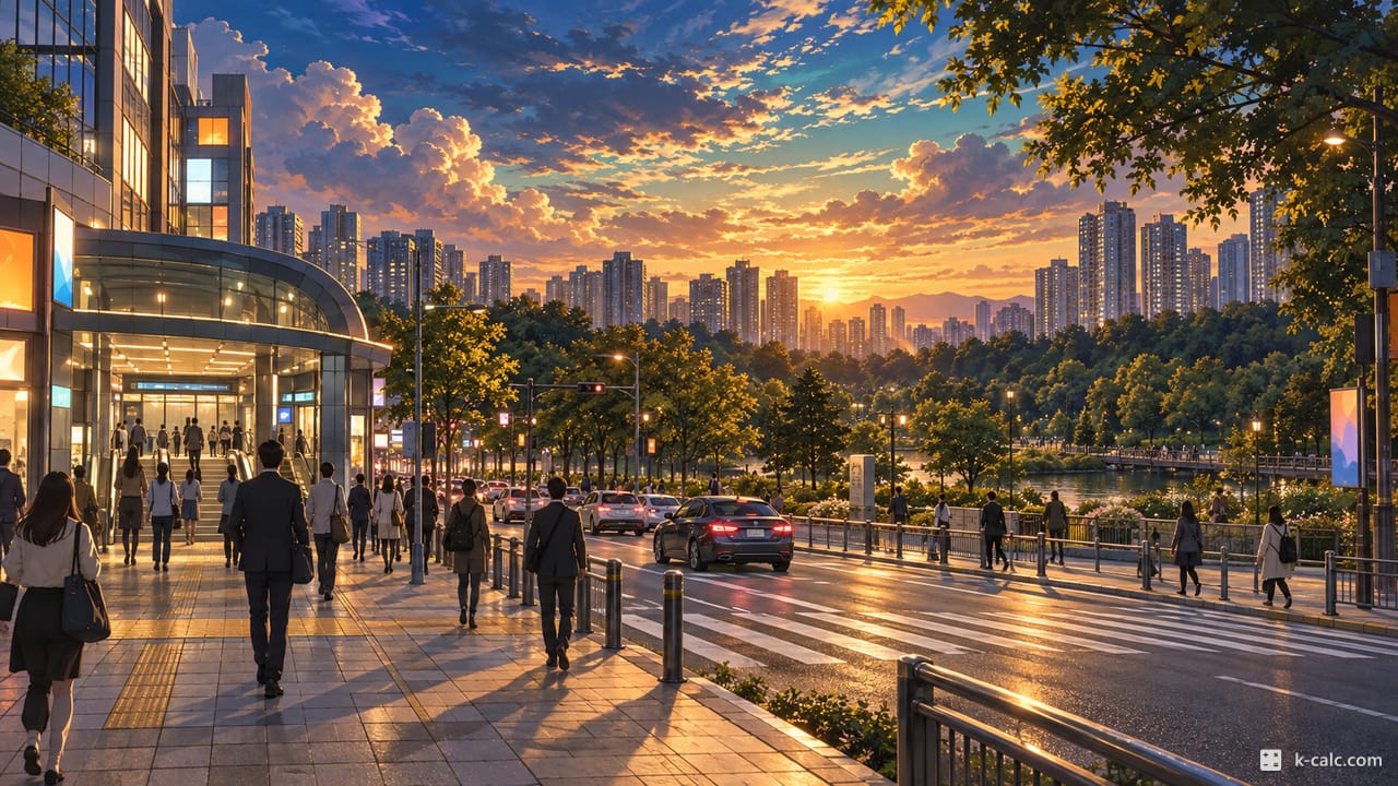 경기도 수원시 영통구 영통동, 영통역과 영흥숲공원 풍경 일러스트