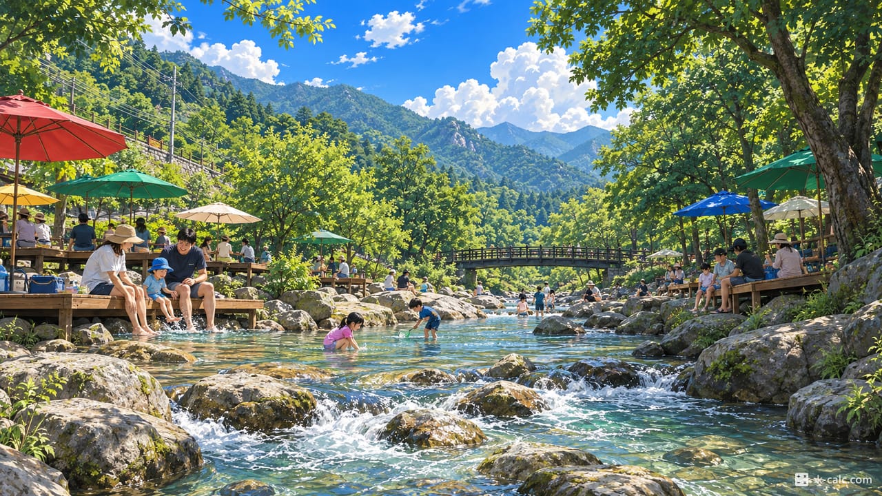 경기도 양주시 장흥면, 송추계곡 유원지 풍경 일러스트