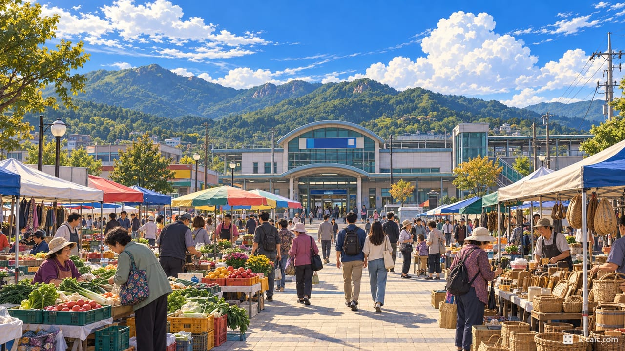 경기도 양평군 용문면, 용문역 앞과 용문 5일장 풍경 일러스트