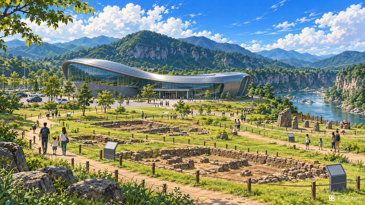경기도 연천군 전곡읍, 전곡선사박물관과 전곡리 유적 풍경 일러스트