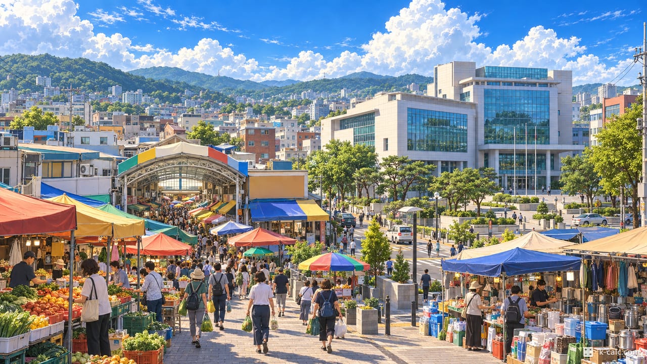 경기도 용인시 처인구 김량장동, 용인중앙시장과 처인구청 풍경 일러스트