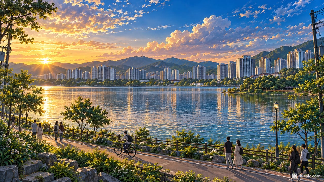 경기도 용인시 기흥구 중동, 동백호수공원 풍경 일러스트