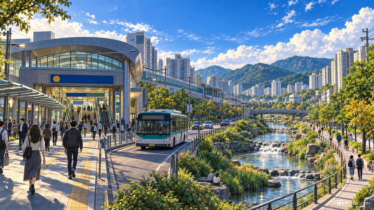 경기도 용인시 수지구 동천동, 동천역과 손곡천 풍경 일러스트