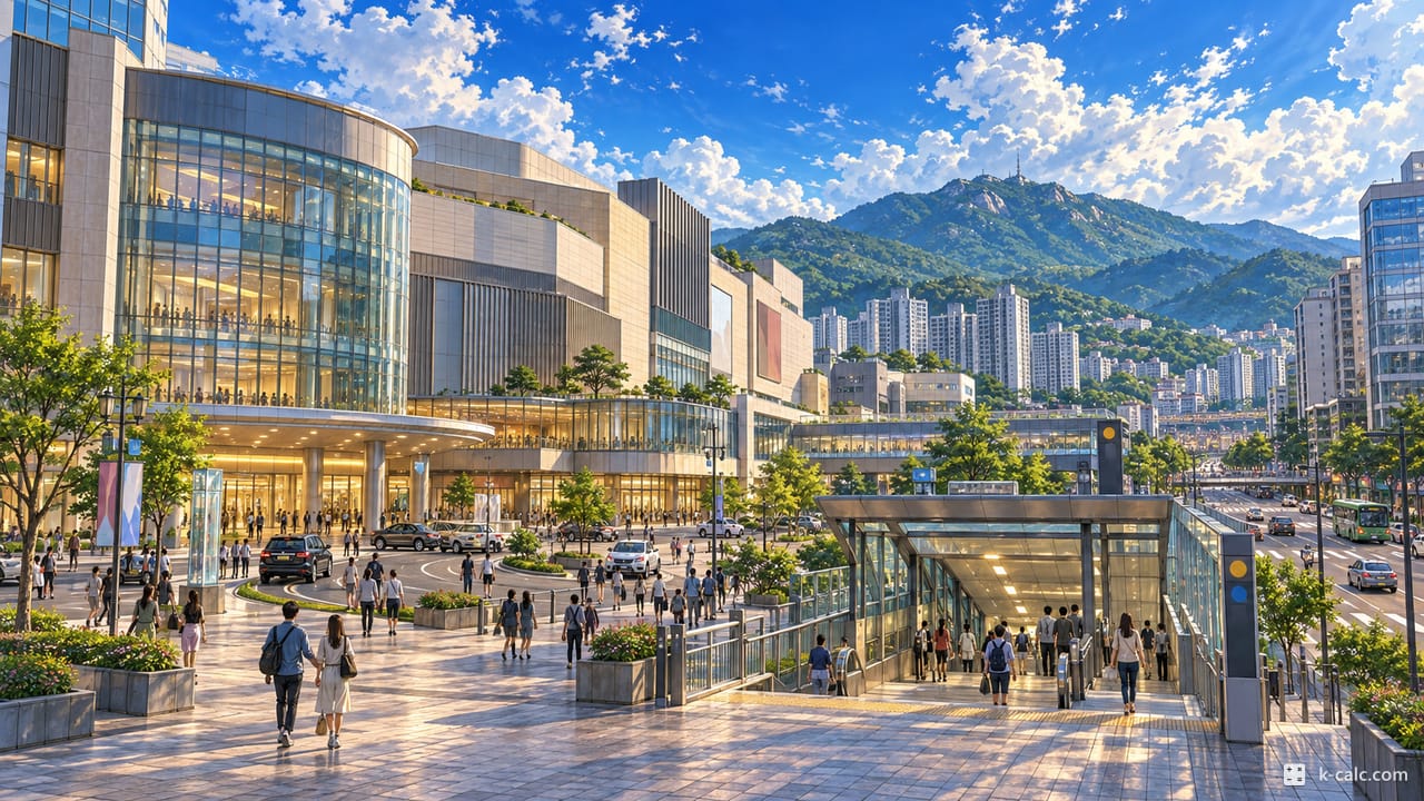 경기도 용인시 수지구 성복동, 롯데몰 수지와 성복역 풍경 일러스트