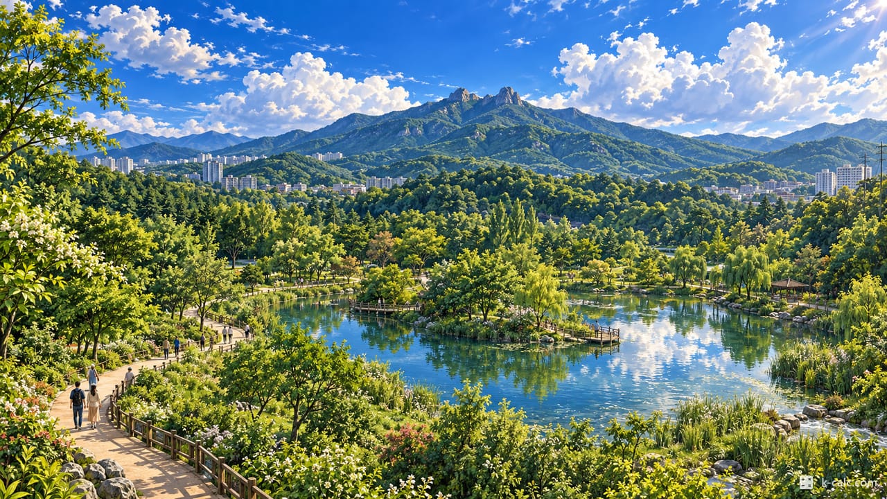 경기도 용인시 수지구 신봉동, 수지생태공원과 형제봉 풍경 일러스트